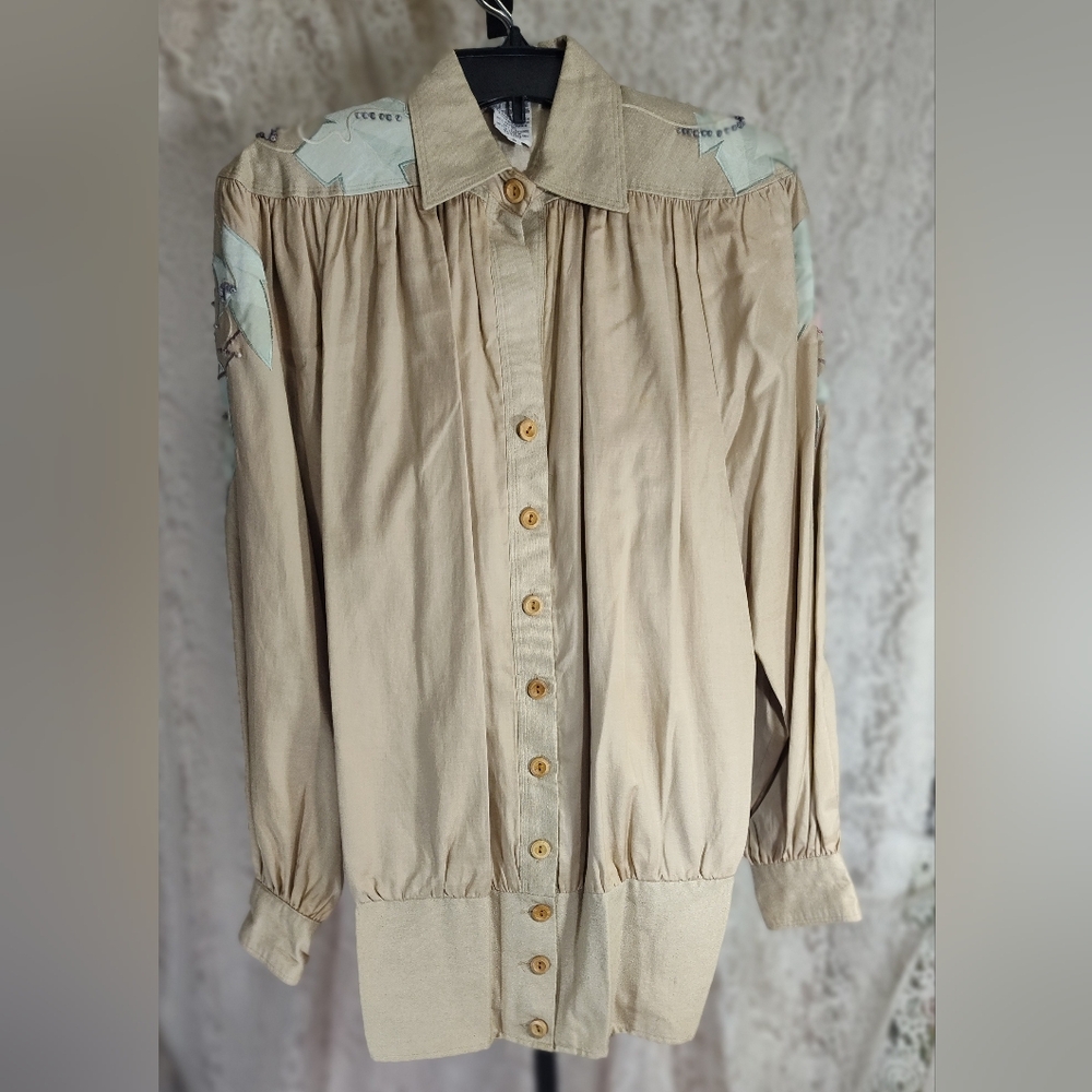 Beige Khaki top with embroidered appliques NWOT